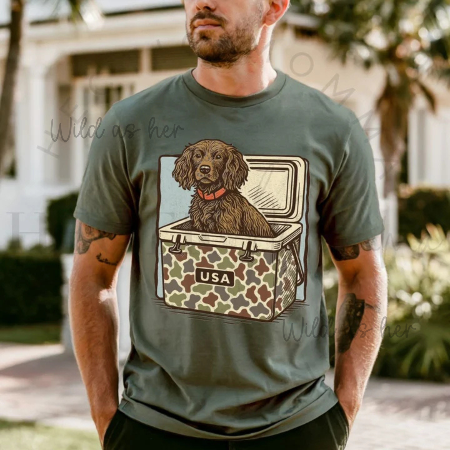 Brown pup with camo cooler