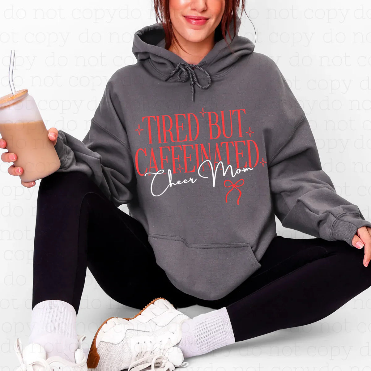tired but caffeinated - cheer mom, red font