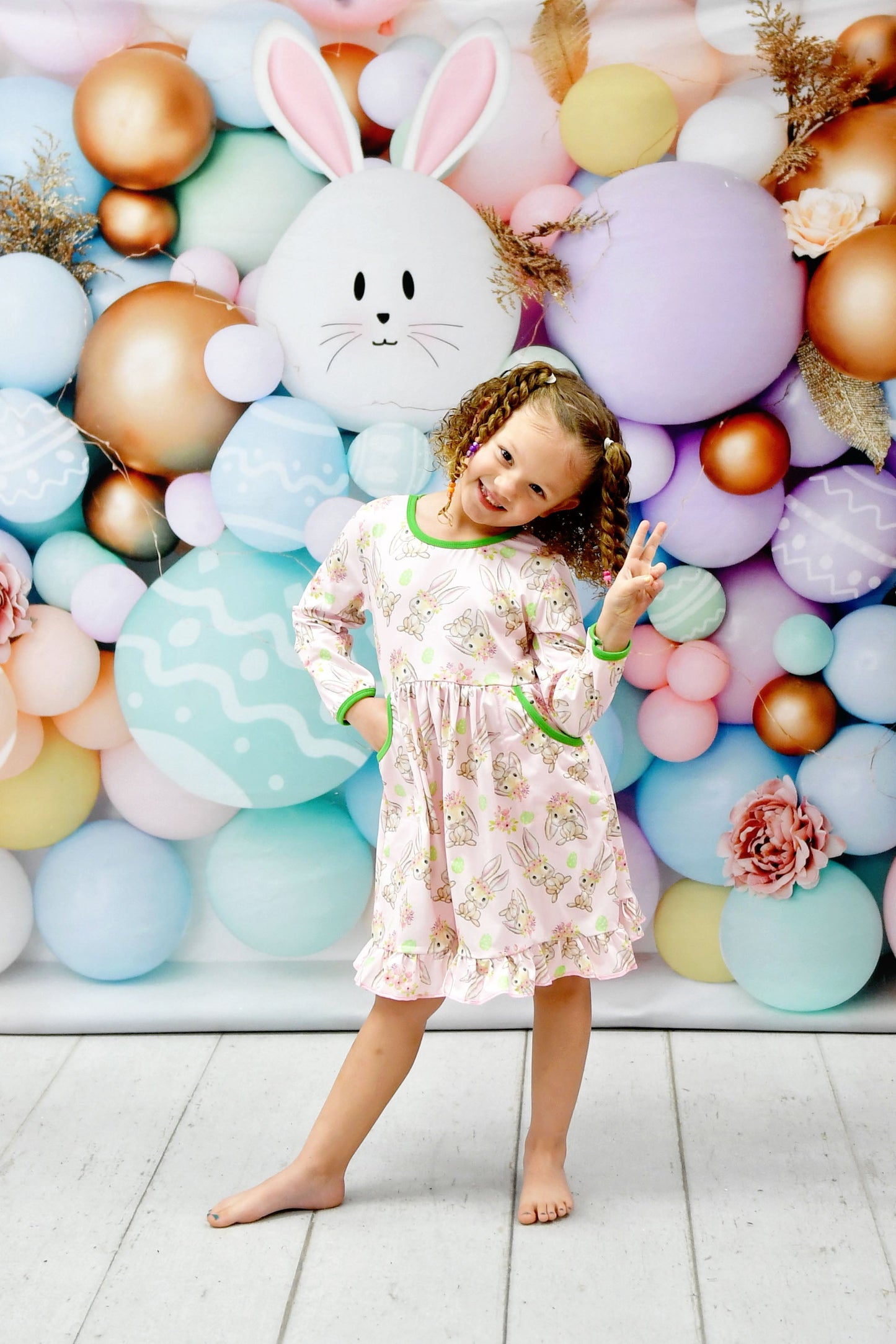 Bunny Flower Crown Long Sleeve Pocket Milk Silk Dress