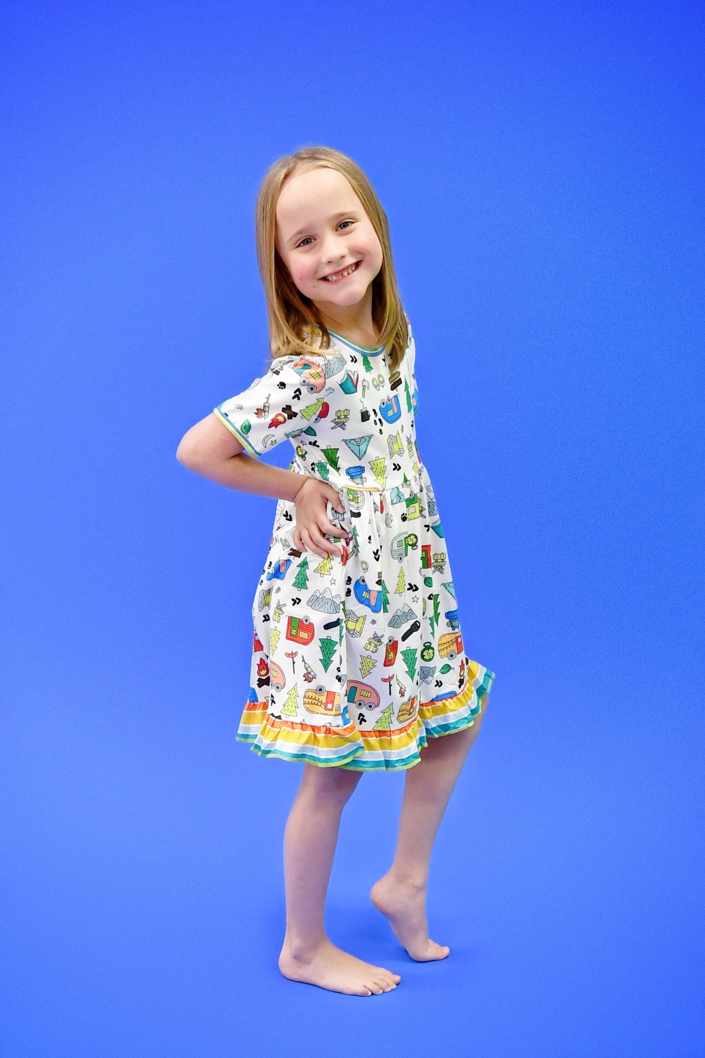 Camping Short Sleeve Ruffle Milk Silk Dress