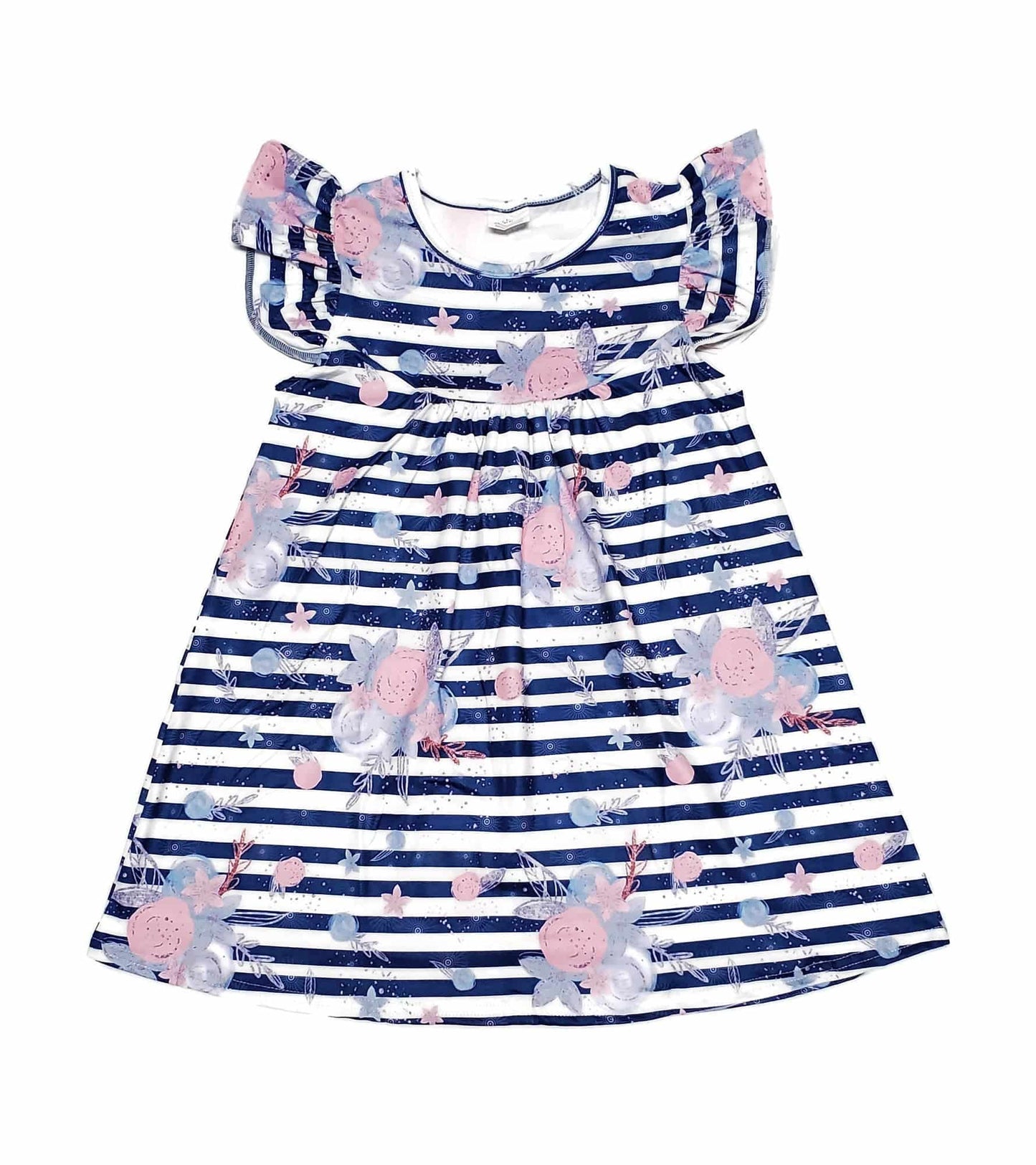 Pale Blue Stripe Floral Milk Silk Flutter Dress