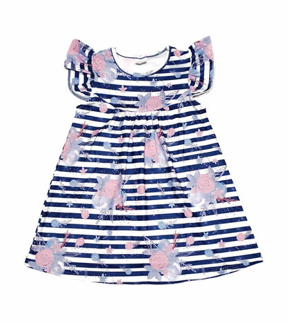 Pale Blue Stripe Floral Milk Silk Flutter Dress