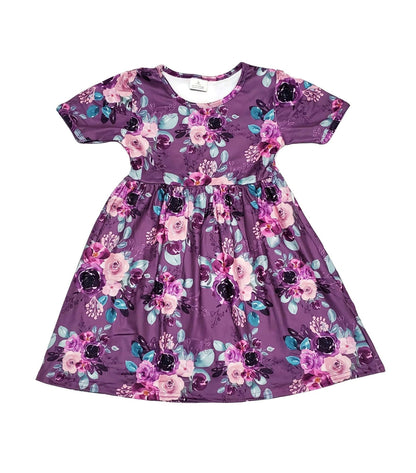 Purple Floral Short Sleeve Milk Silk Dress