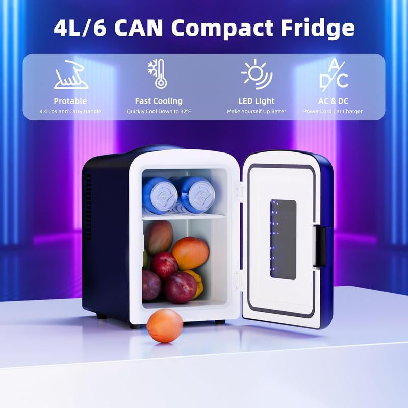 Antarctic Star 4L Mini Compact Refrigerator with Gaming Light: 6-Can Portable Cooler for Bedroom, Car, Office, Dorm - Cosmetics, Beverage & Food Storage (Black)