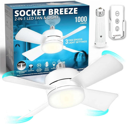 Bell+Howell Socket Breeze Modern Ceiling Fans with LED Lights, 10" LED E26/E27 Screw Base Mini Light Socket Fan with Cord for Bedroom, Living Room, Kitchen, Balcony