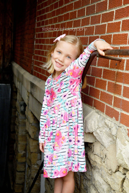 Striped Floral Long Sleeve Milk Silk Flutter Dress