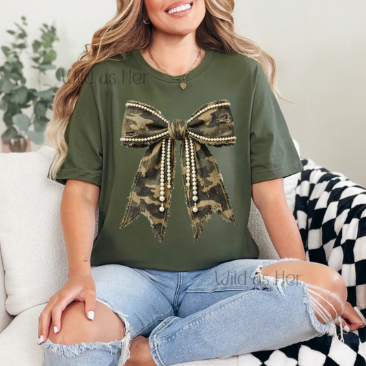 Camo and Pearls Bow