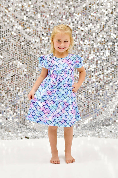 Shiny Mermaid Scale Milk Silk Flutter Dress