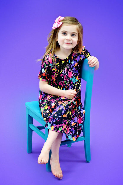 Paint Splatter Short Sleeve Milk Silk Dress