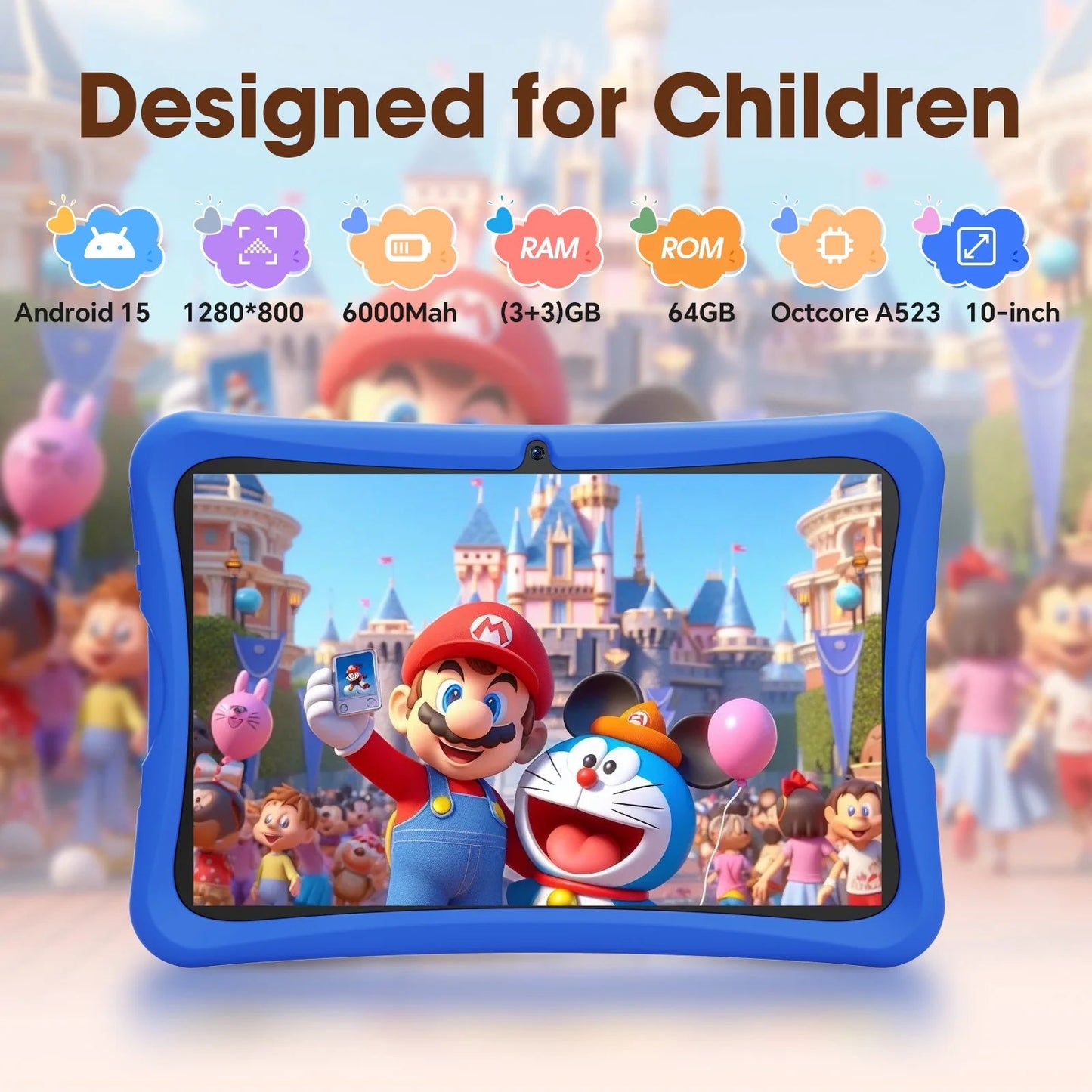 10.1 Inch Android 15 Kids Tablets 2025,6GB RAM + 64GB Rom,Parent Control Kids Education Children Tablet with Wifi,Kid-Proof Case,Blue