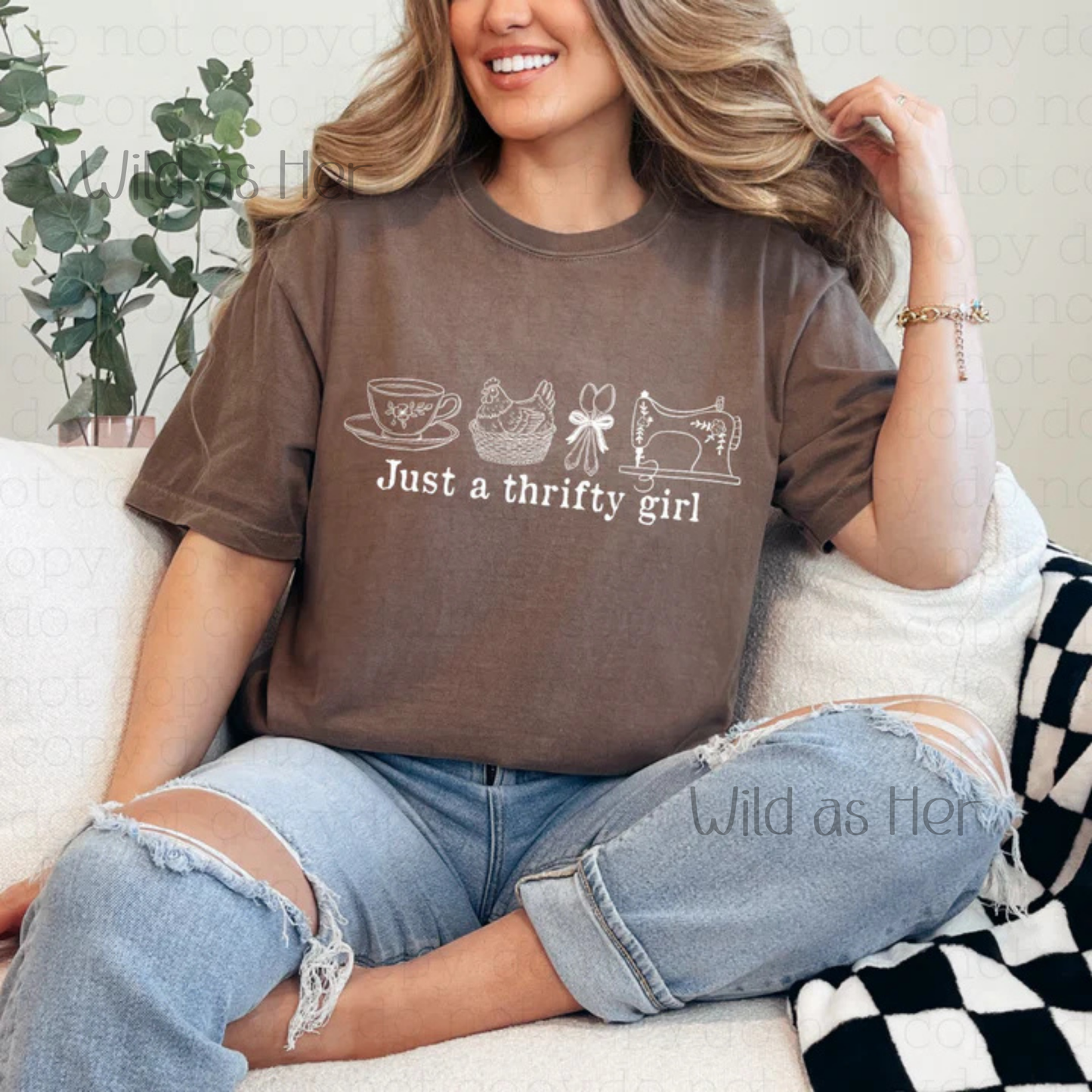 just a thrifty girl, white outline