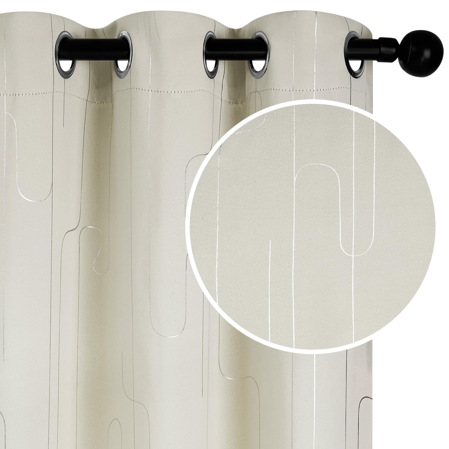 Room Darkening Curtains with Line Foil Print, Navy Blue, 2 Panels