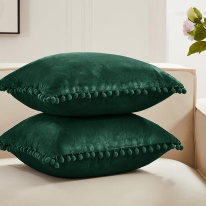 Red Velvet Cushion Covers with Pom-Poms, 2 PCS