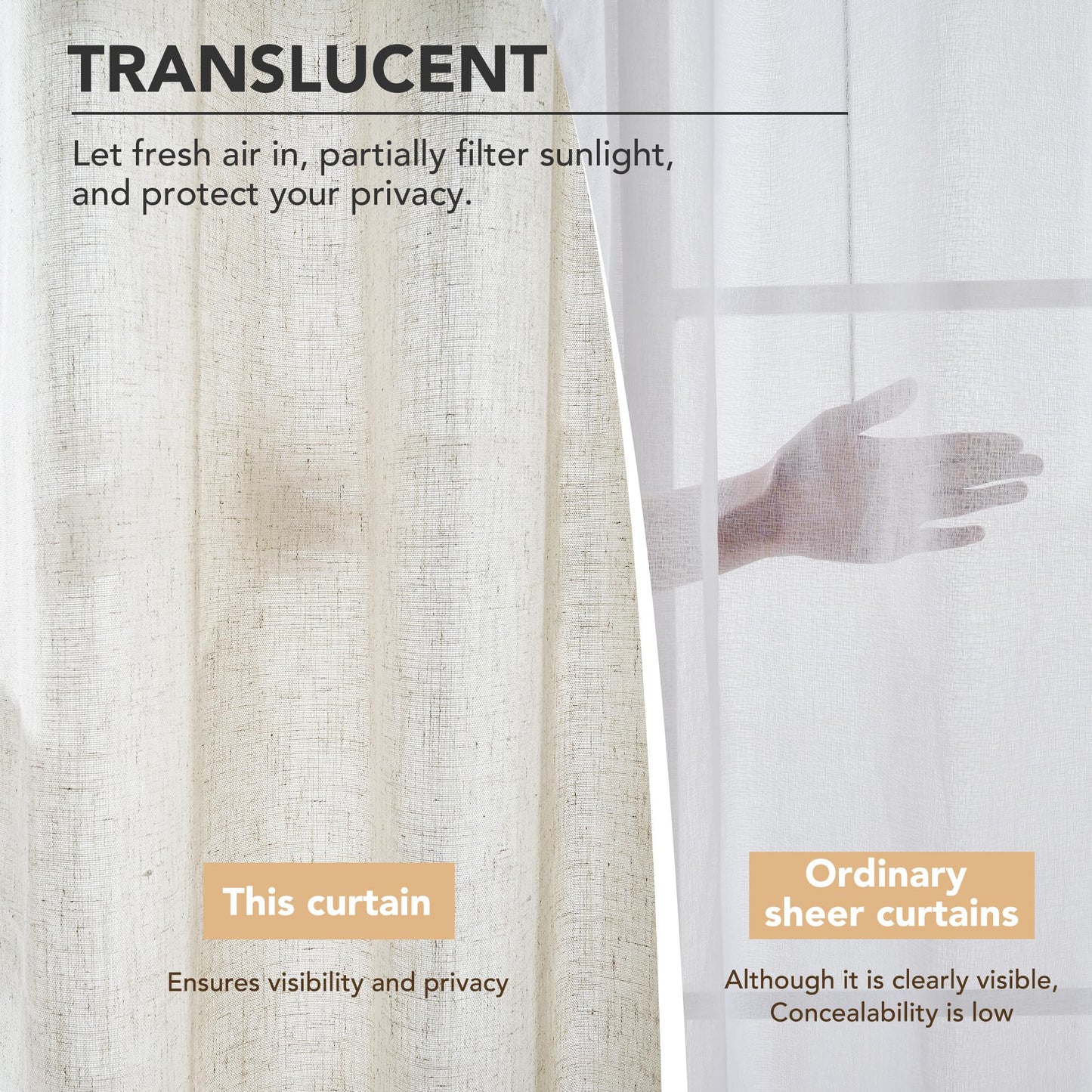 Linen Look Boho Semi-Sheer Curtains, 52x63 Inch, 2 Panels