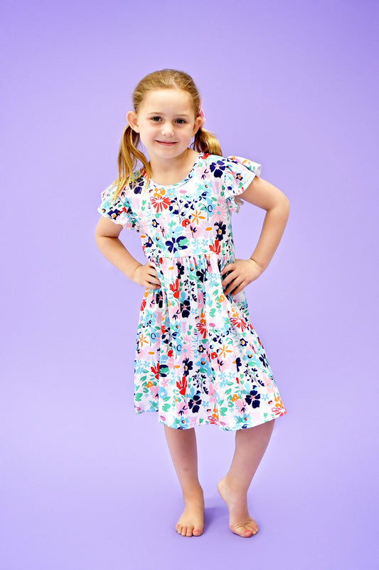 White Floral Long Flutter Milk Silk Dress