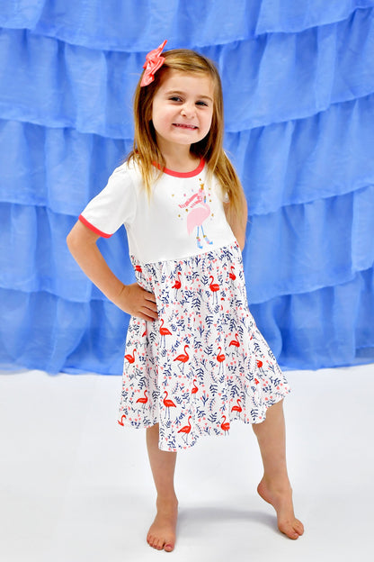 Christmas Flamingo Short Sleeve Milk Silk Dress