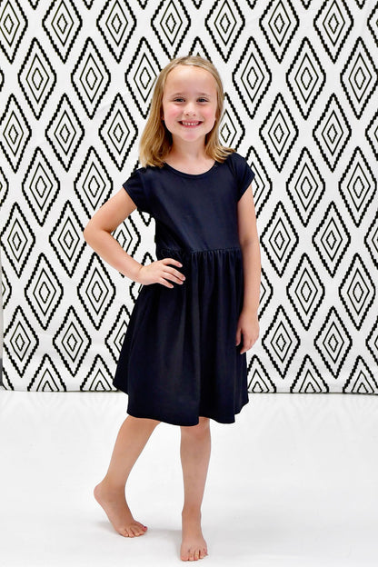 Dark Navy Solid Short Sleeve Cross Back Milk Silk Dress