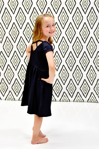 Dark Navy Solid Short Sleeve Cross Back Milk Silk Dress