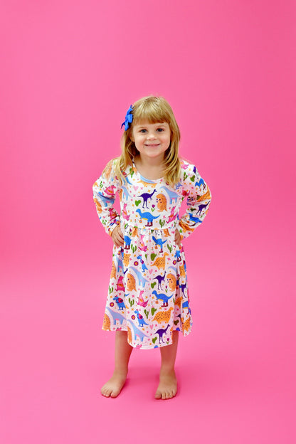 Dino Hobbies Long Sleeve Milk Silk Dress