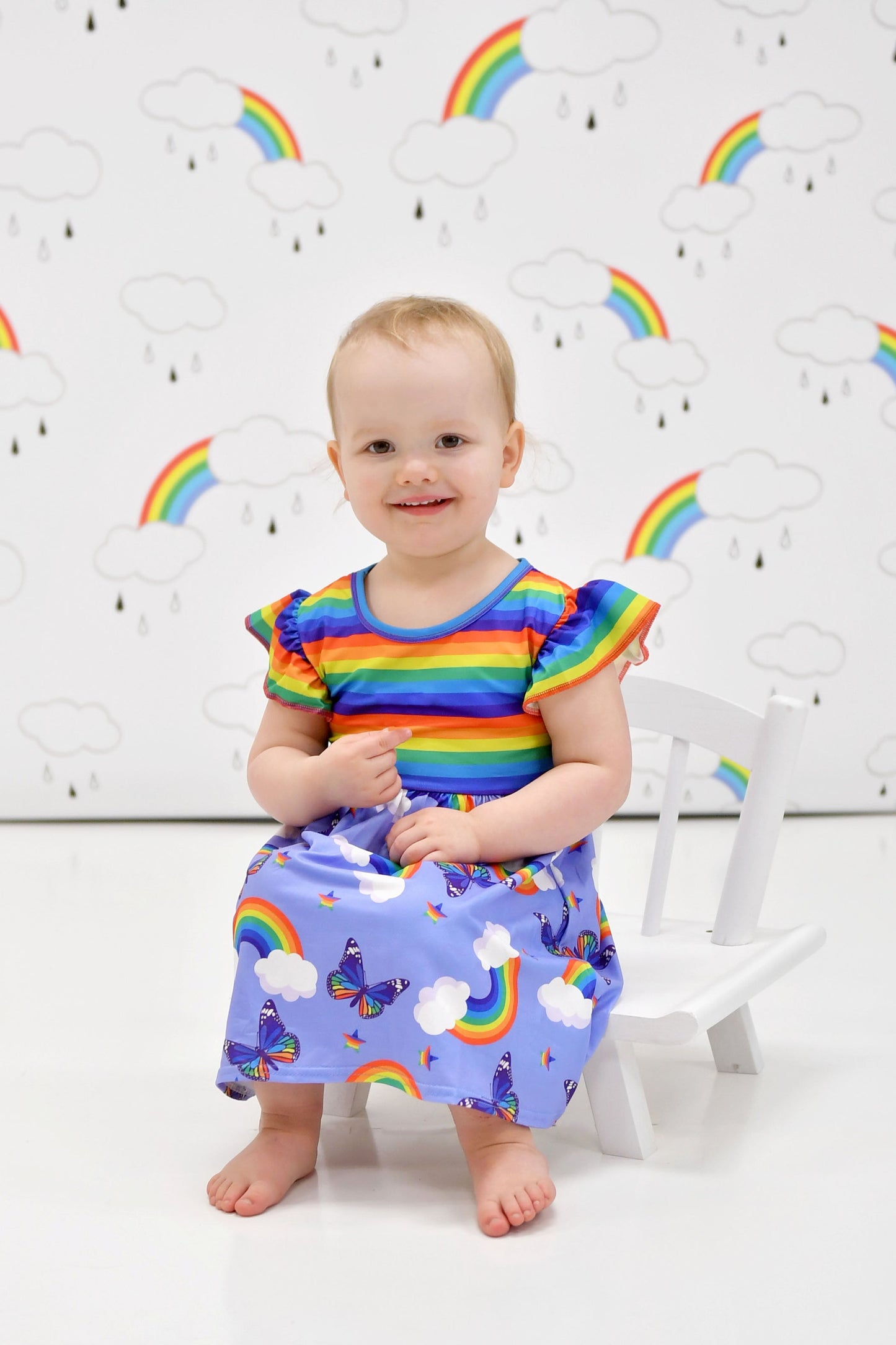 Rainbow Butterfly Long Flutter Milk Silk Dress
