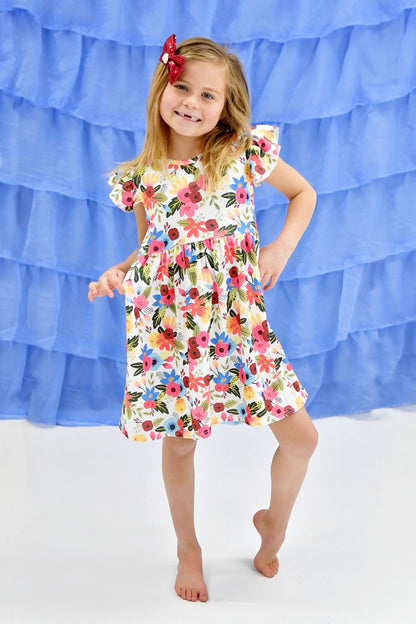 White Floral Long Flutter Milk Silk Dress