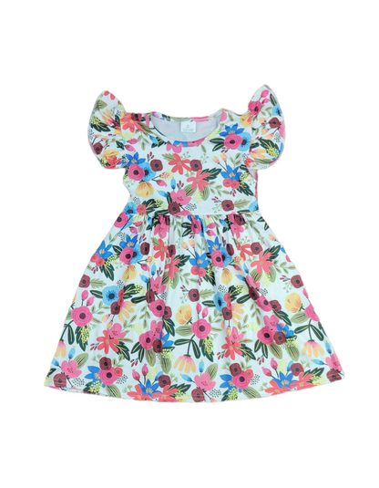 White Floral Long Flutter Milk Silk Dress