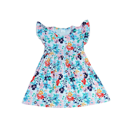 White Floral Long Flutter Milk Silk Dress