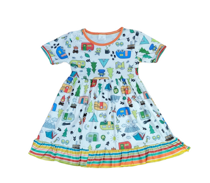 Camping Short Sleeve Ruffle Milk Silk Dress