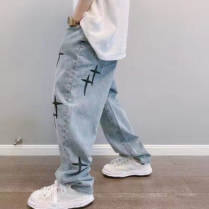 Washed Cross Design Baggy Jeans