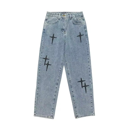 Washed Cross Design Baggy Jeans