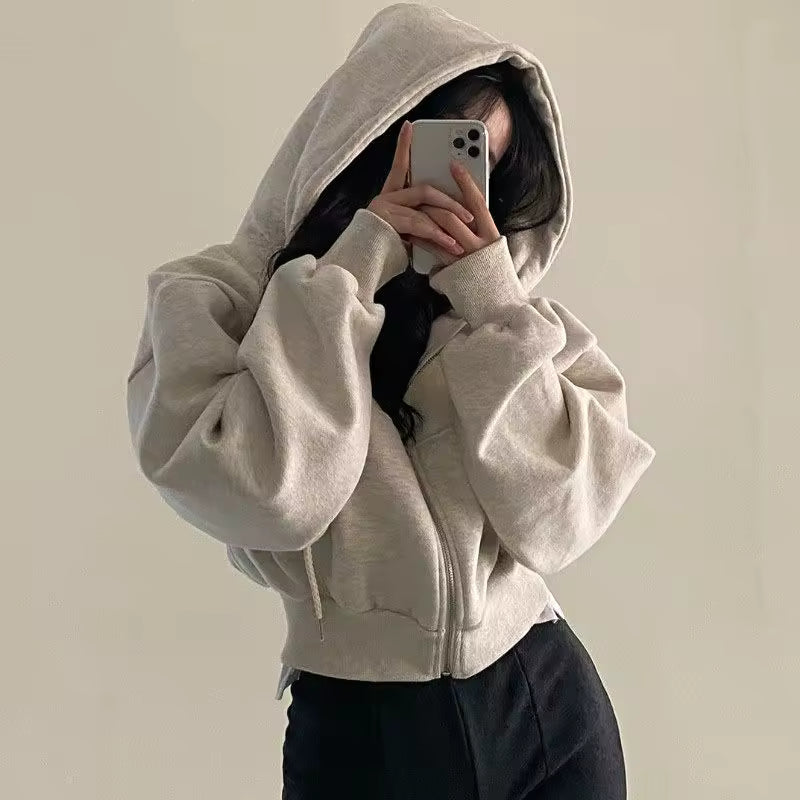 Solid Print Zip Up Crop Jacket