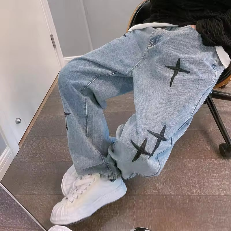 Washed Cross Design Baggy Jeans