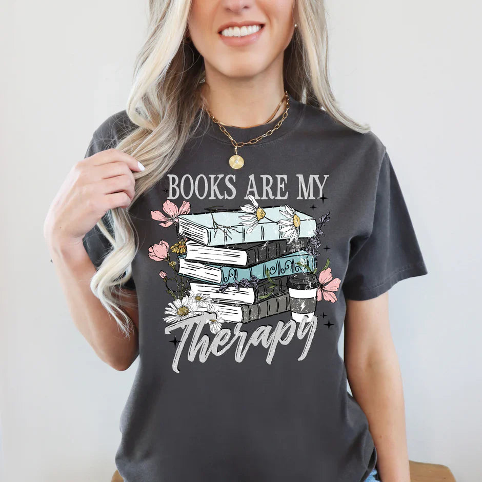Books are my therapy stacked books light font