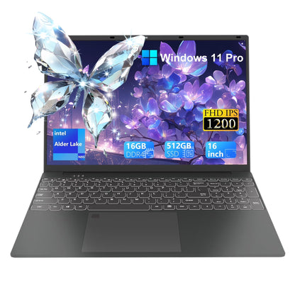 SANPTENT Laptop De 16 Pulgadas Con Windows 11 Pro, 16GB RAM, 512GB SSD Con Intel Alder Lake N95 De 4 Núcleos, Pantalla IPS FHD 1920X1200, Huella Digital, Teclado Retroiluminado, Ultradelgado Y Ligero