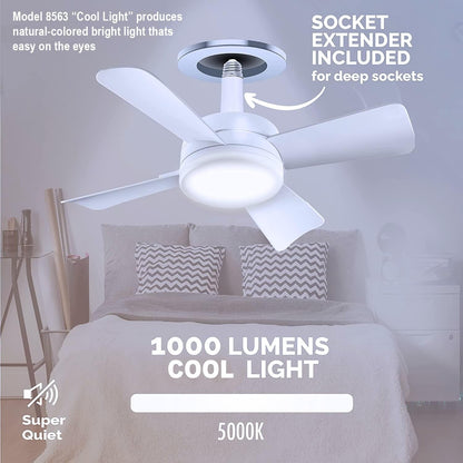 Bell+Howell Socket Breeze Modern Ceiling Fans with LED Lights, 10" LED E26/E27 Screw Base Mini Light Socket Fan with Cord for Bedroom, Living Room, Kitchen, Balcony