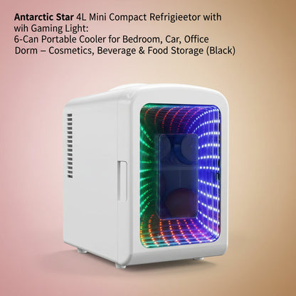 Antarctic Star 4L Mini Compact Refrigerator with Gaming Light: 6-Can Portable Cooler for Bedroom, Car, Office, Dorm - Cosmetics, Beverage & Food Storage (Black)