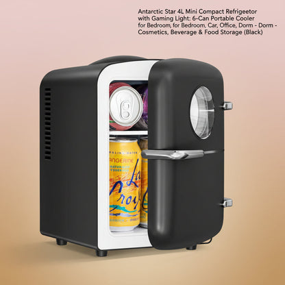 Antarctic Star 4L Mini Compact Refrigerator with Gaming Light: 6-Can Portable Cooler for Bedroom, Car, Office, Dorm - Cosmetics, Beverage & Food Storage (Black)