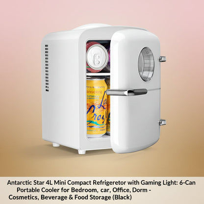Antarctic Star 4L Mini Compact Refrigerator with Gaming Light: 6-Can Portable Cooler for Bedroom, Car, Office, Dorm - Cosmetics, Beverage & Food Storage (Black)