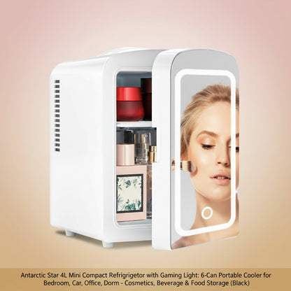 Antarctic Star 4L Mini Compact Refrigerator with Gaming Light: 6-Can Portable Cooler for Bedroom, Car, Office, Dorm - Cosmetics, Beverage & Food Storage (Black)