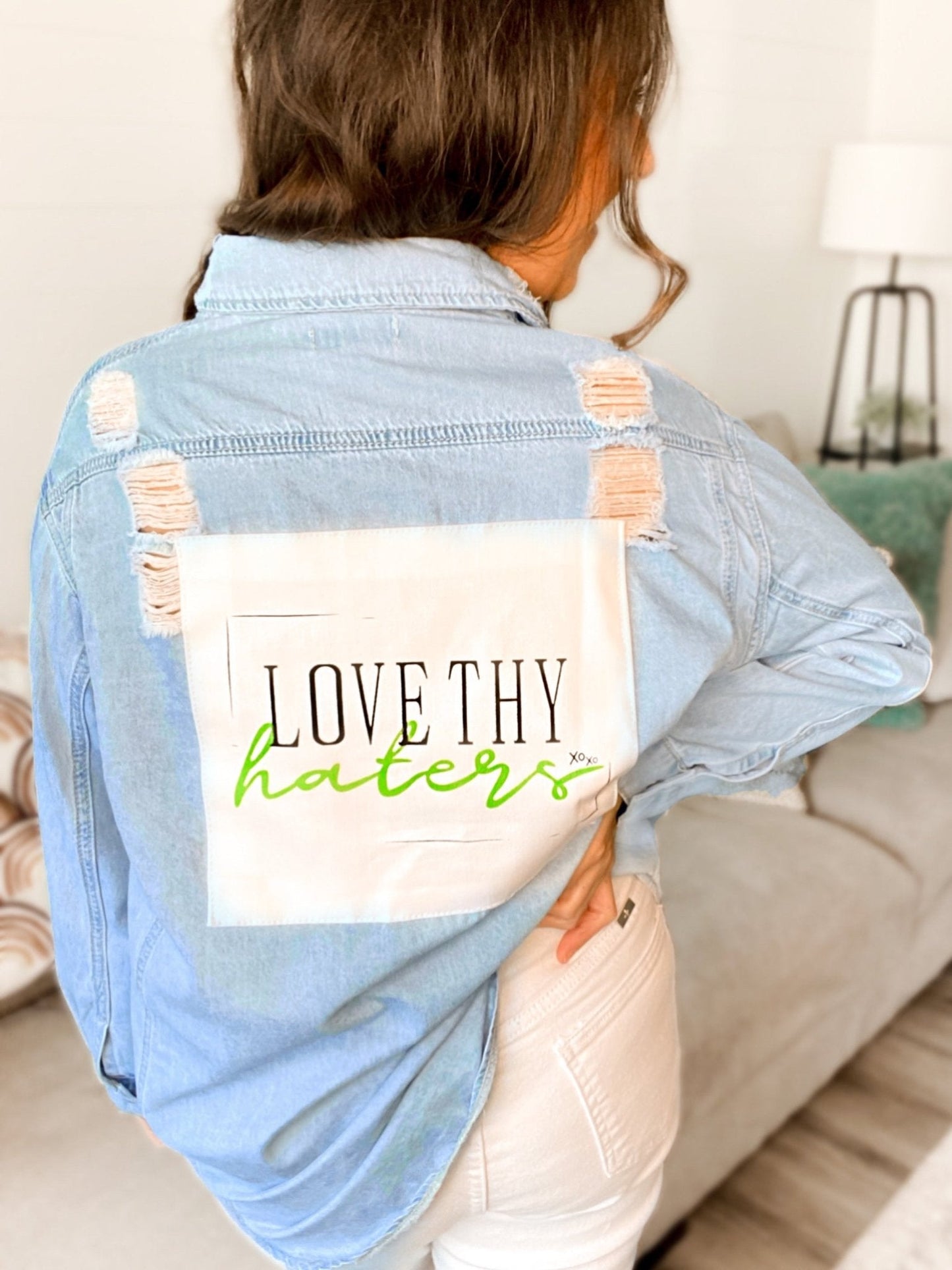 "Love Thy Haters xoxo" Distressed Denim Shacket