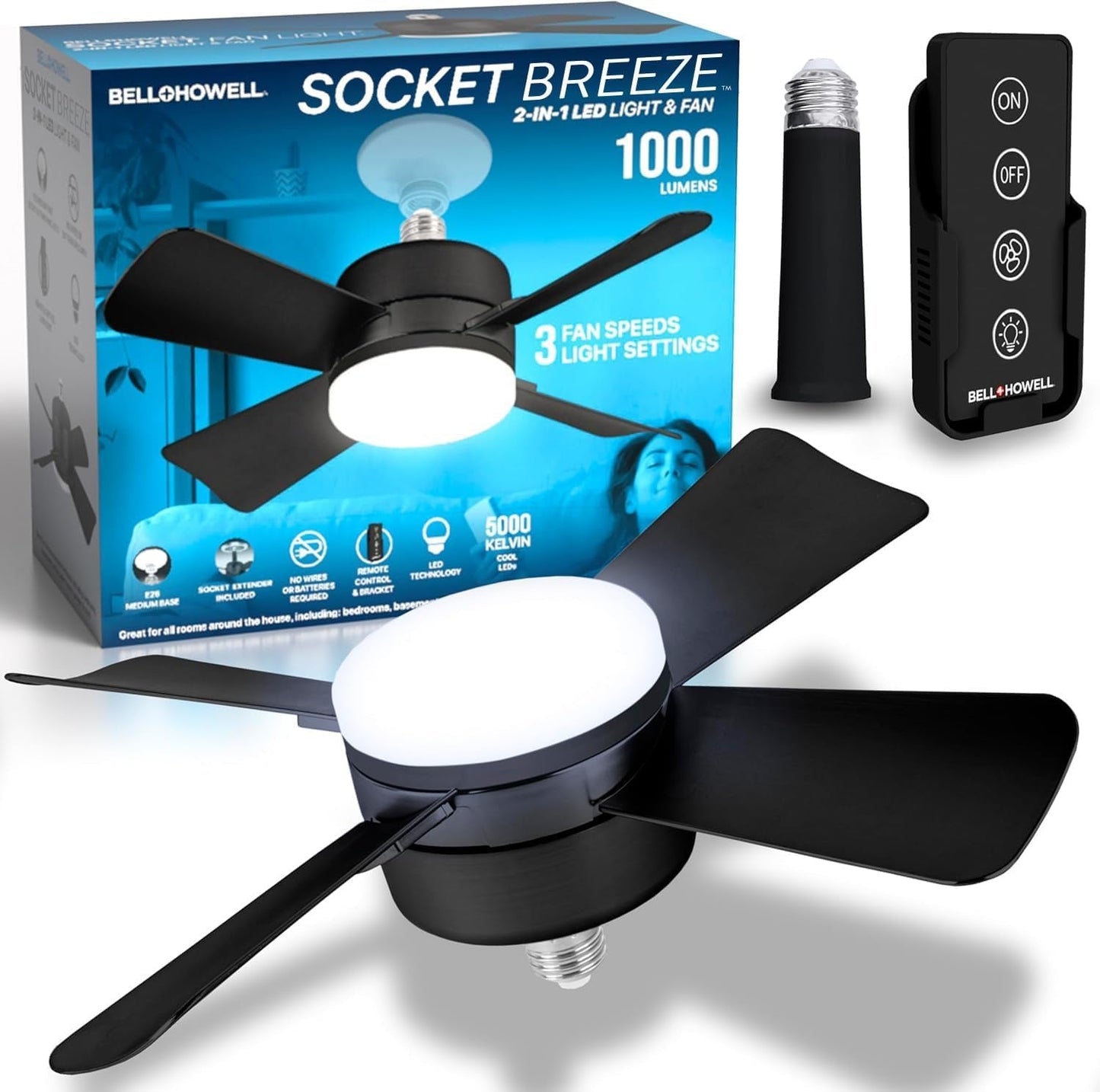 Bell+Howell Socket Breeze Modern Ceiling Fans with LED Lights, 10" LED E26/E27 Screw Base Mini Light Socket Fan with Cord for Bedroom, Living Room, Kitchen, Balcony