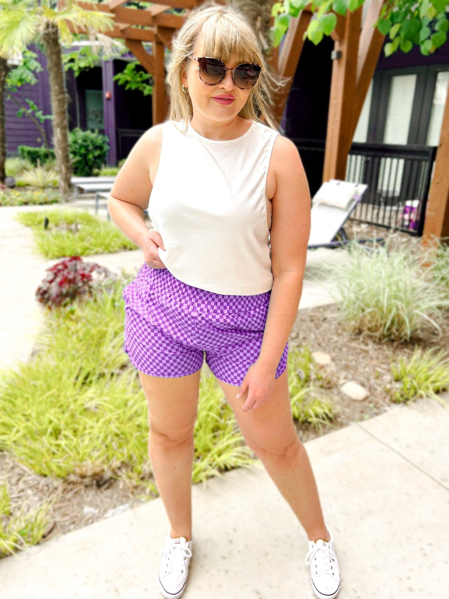Checkered Tummy Control Athletic Shorts with Pockets
