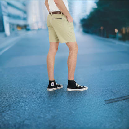 Everyday Stretch Shorts with a Comfortable Built-In Liner- Denim Style- Khaki