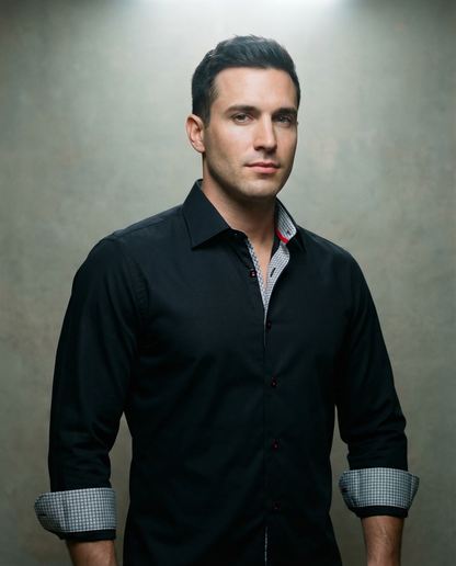 Donny// Cotton Knit-Stretch Button-Up Shirt With Contrast Details // Black // Tailored Fit (Fitted)