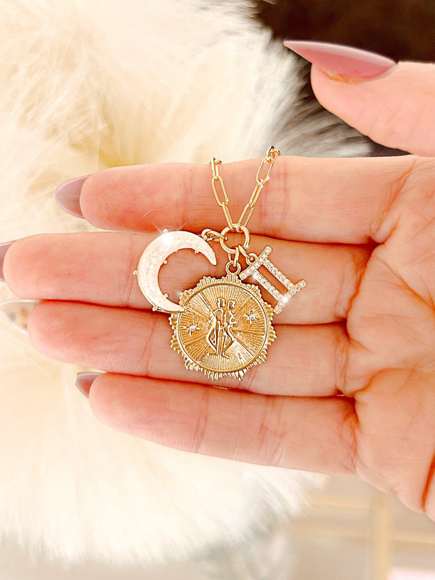 3 Charm Zodiac & Moon Cubic Zirconia Pendant Necklace