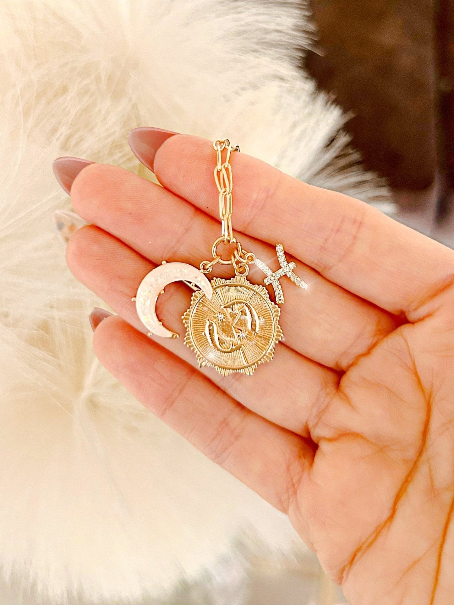 3 Charm Zodiac & Moon Cubic Zirconia Pendant Necklace