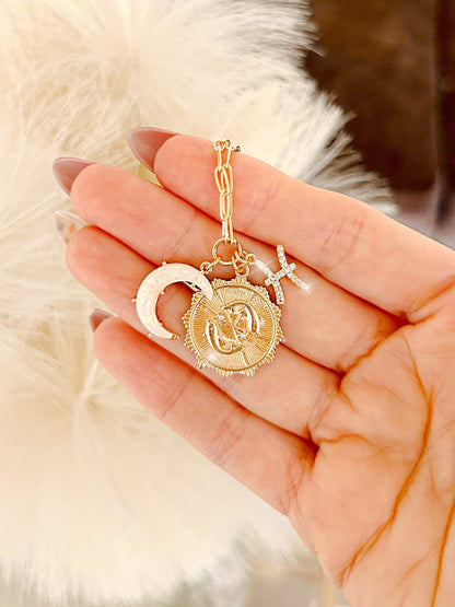3 Charm Zodiac & Moon Cubic Zirconia Pendant Necklace