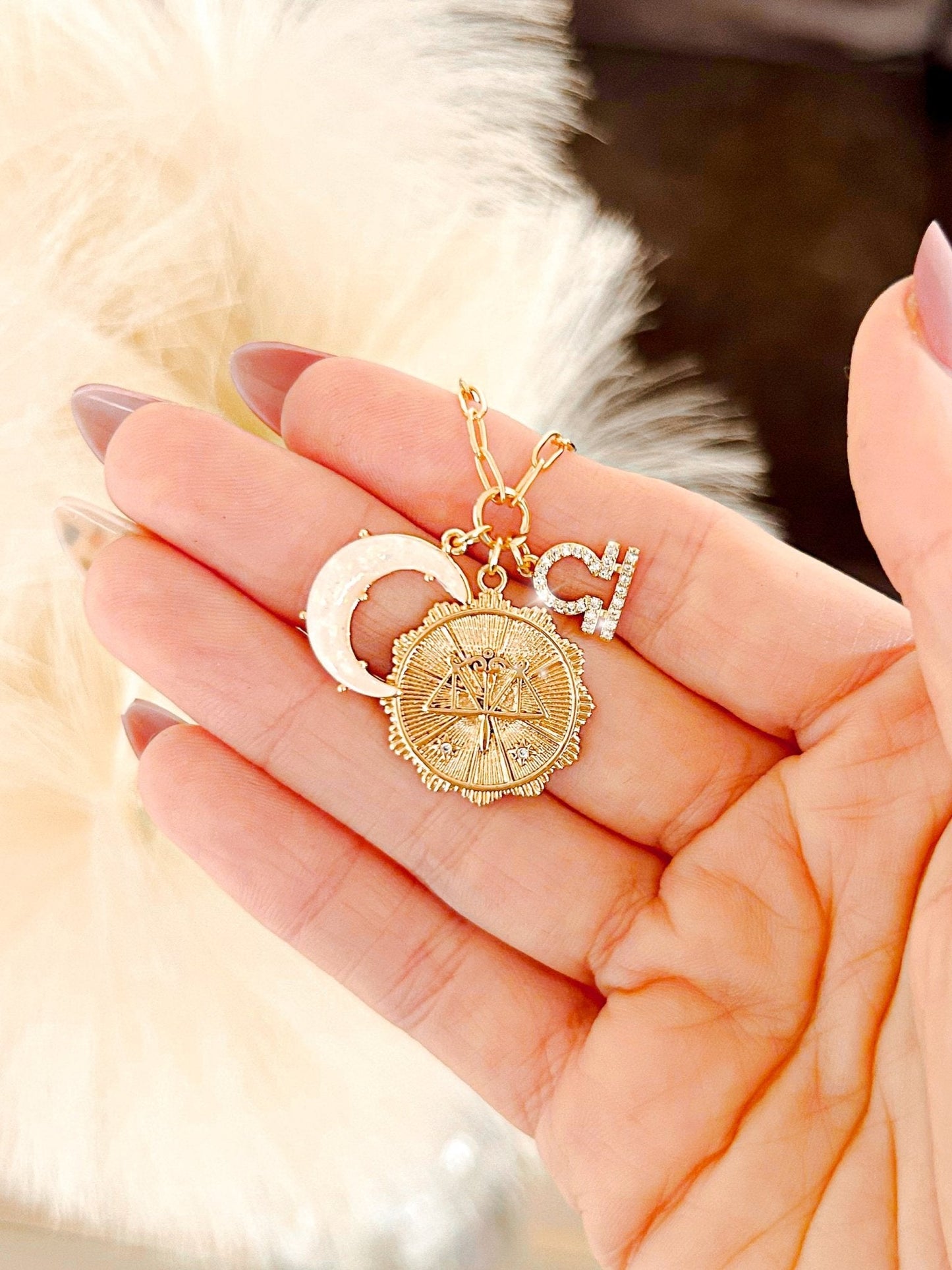 3 Charm Zodiac & Moon Cubic Zirconia Pendant Necklace