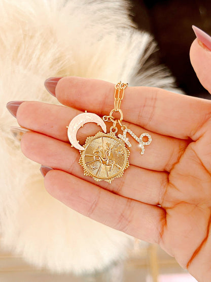 3 Charm Zodiac & Moon Cubic Zirconia Pendant Necklace