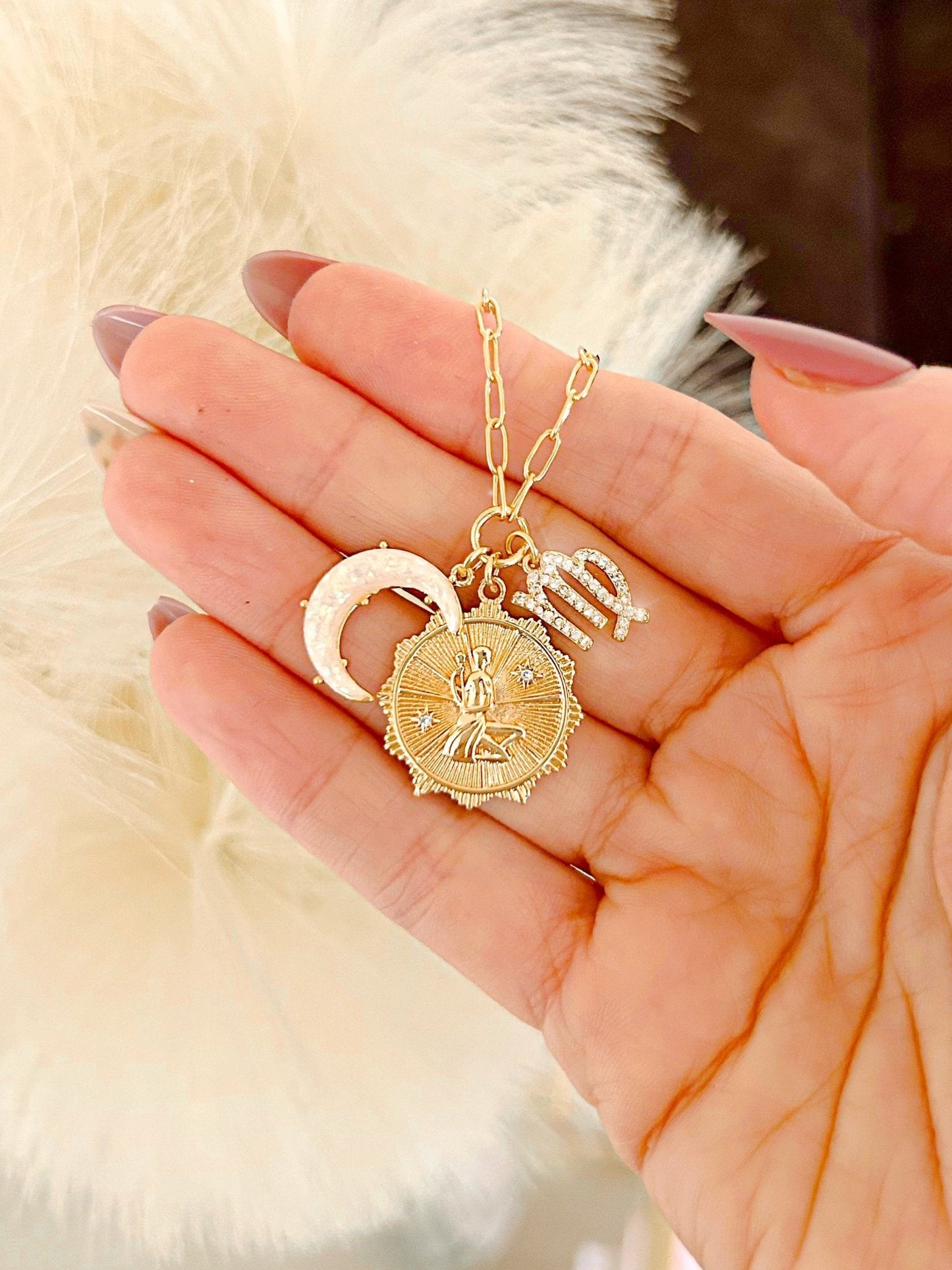 3 Charm Zodiac & Moon Cubic Zirconia Pendant Necklace